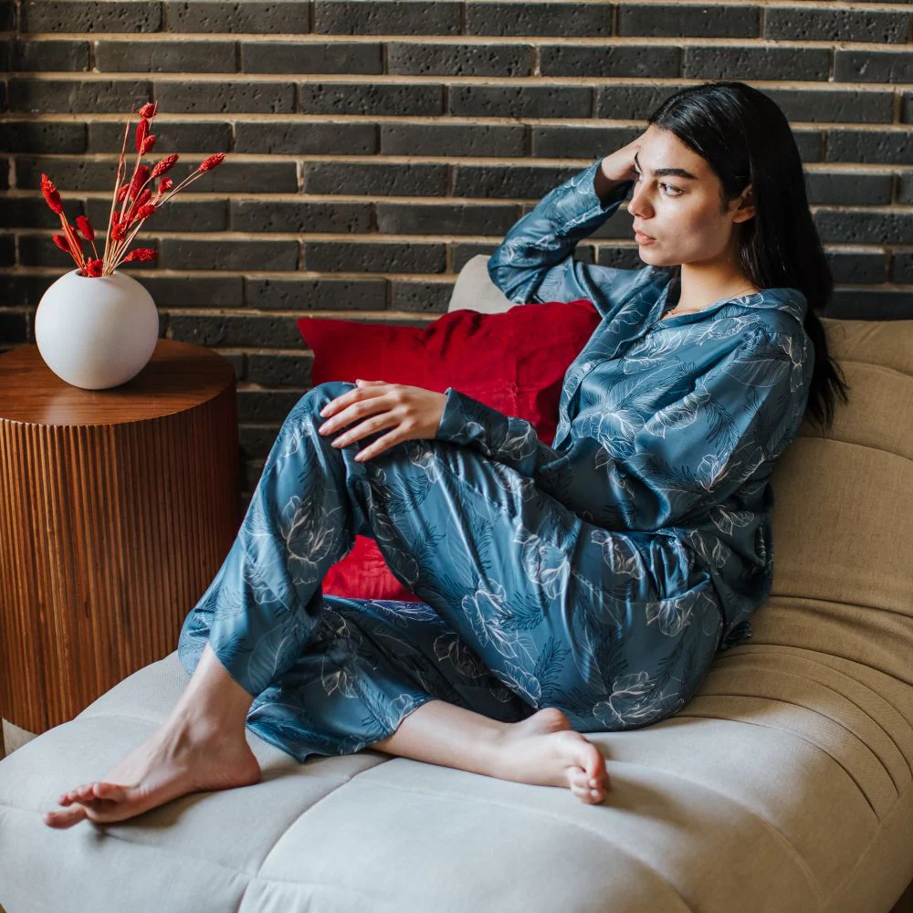 Women Satin summer pajama set Petrol Blue flowered buttoned shirt + Pants - Image 4