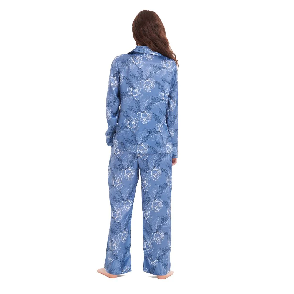 Women Satin summer pajama set Petrol Blue flowered buttoned shirt + Pants - Image 5
