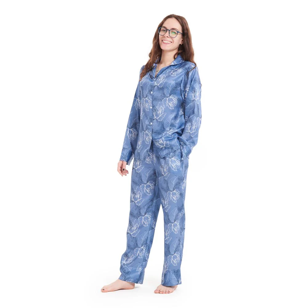 Women Satin summer pajama set Petrol Blue flowered buttoned shirt + Pants - Image 6