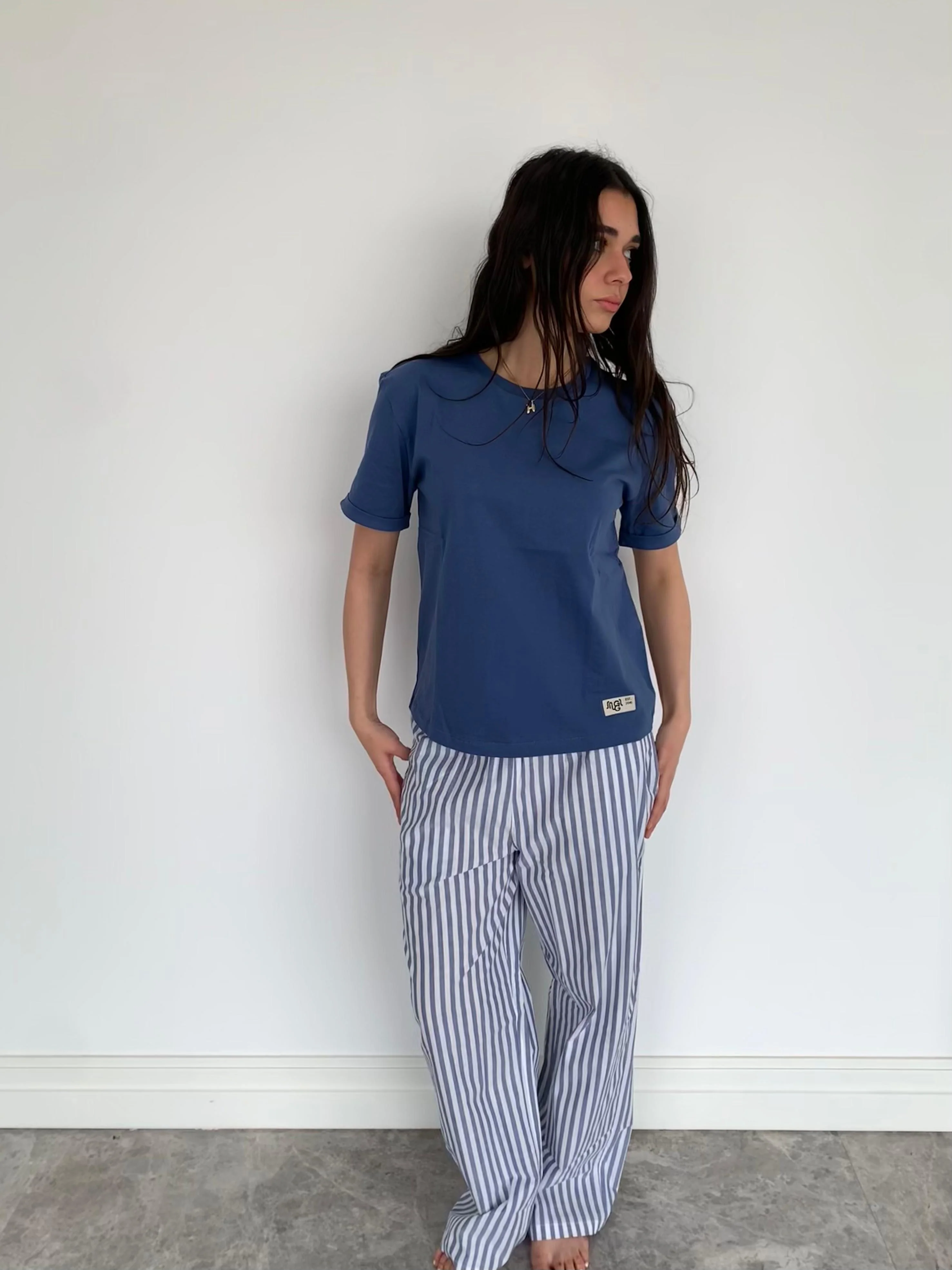 Women summer pajama set Indigo T-shirt + Indigo X White Striped Pants - Image 2