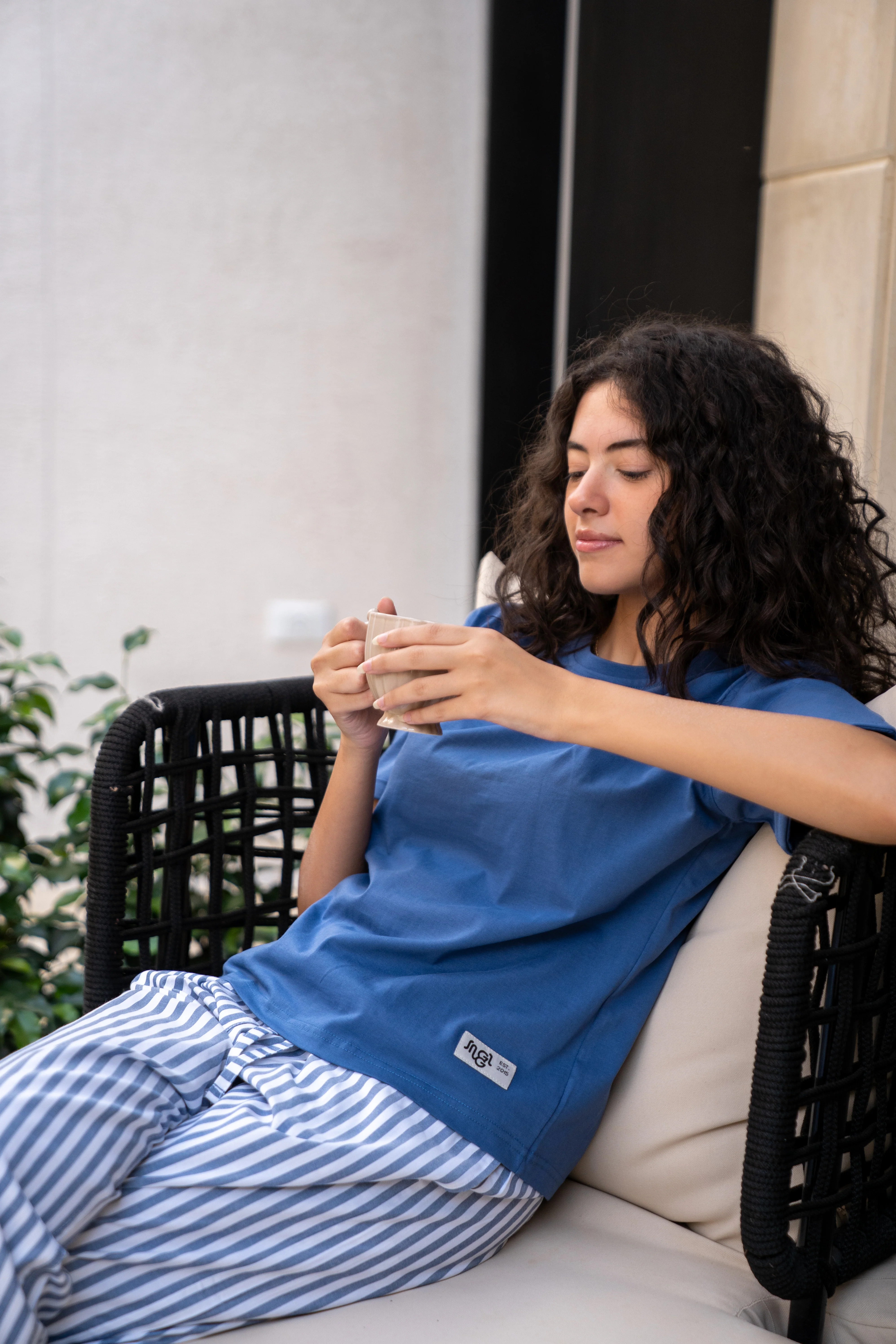 Women summer pajama set Indigo Tee + White X Indigo Stripes Pants - Image 3