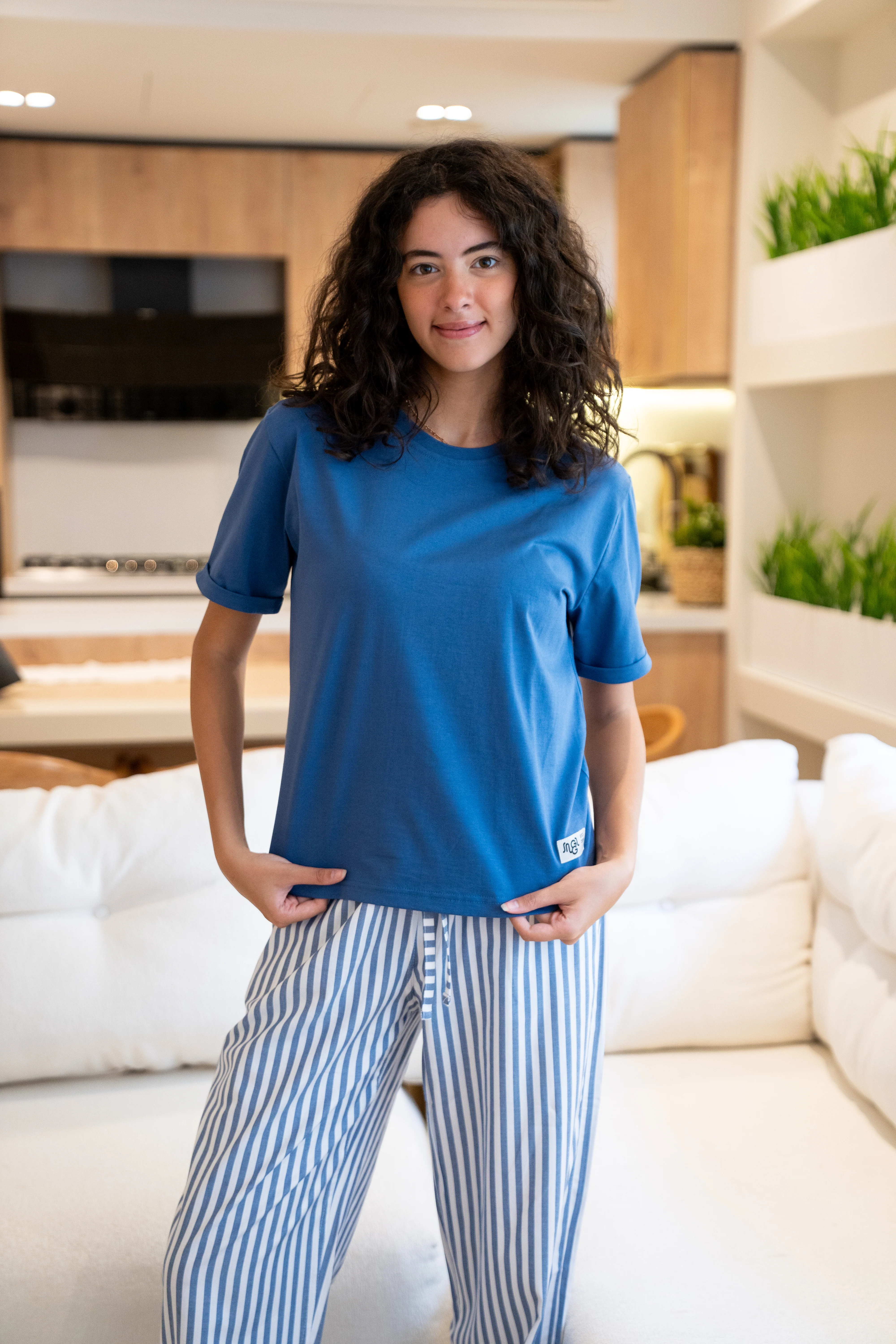 Women summer pajama set Indigo Tee + White X Indigo Stripes Pants - Image 4