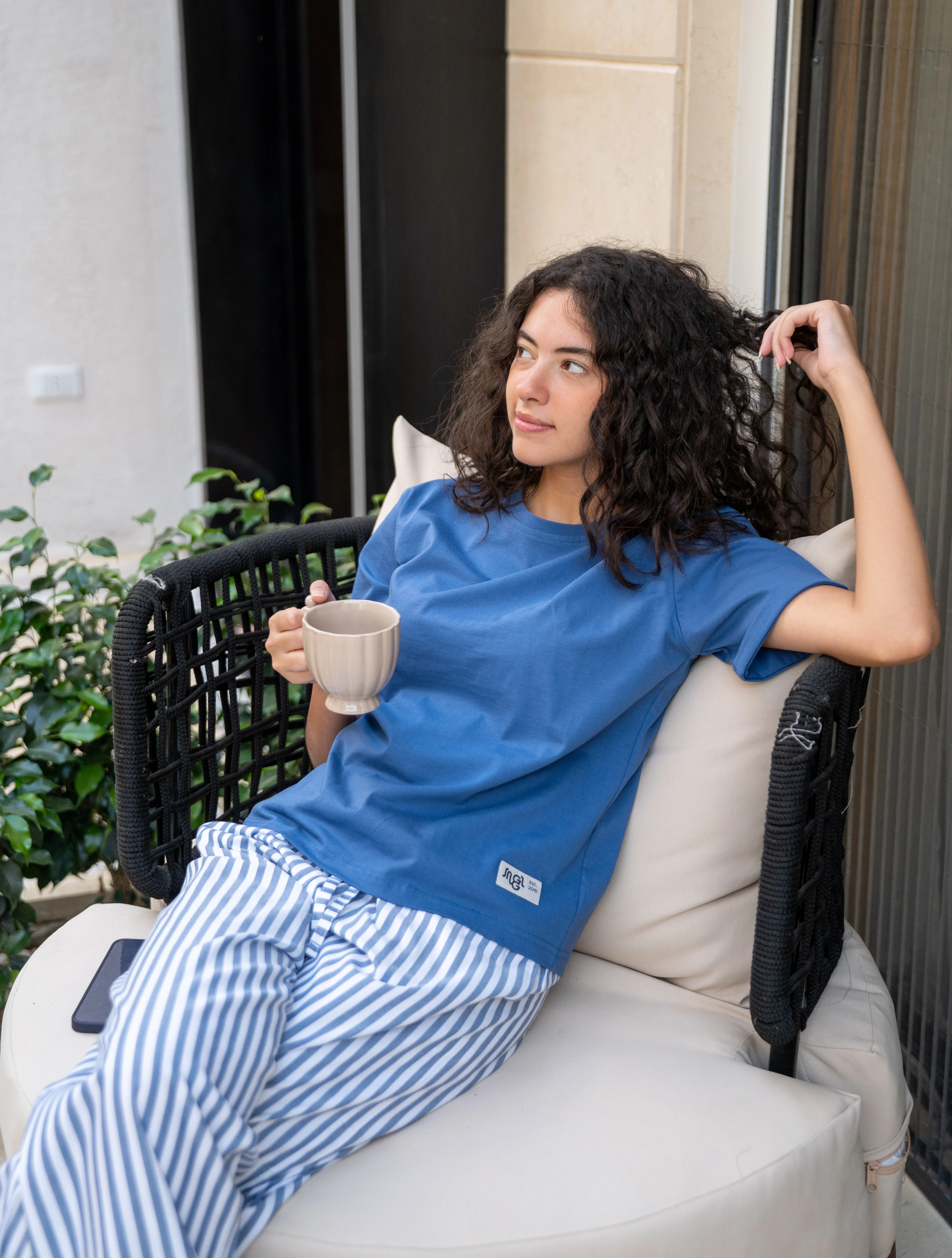 Women summer pajama set Indigo Tee + White X Indigo Stripes Pants - Image 5