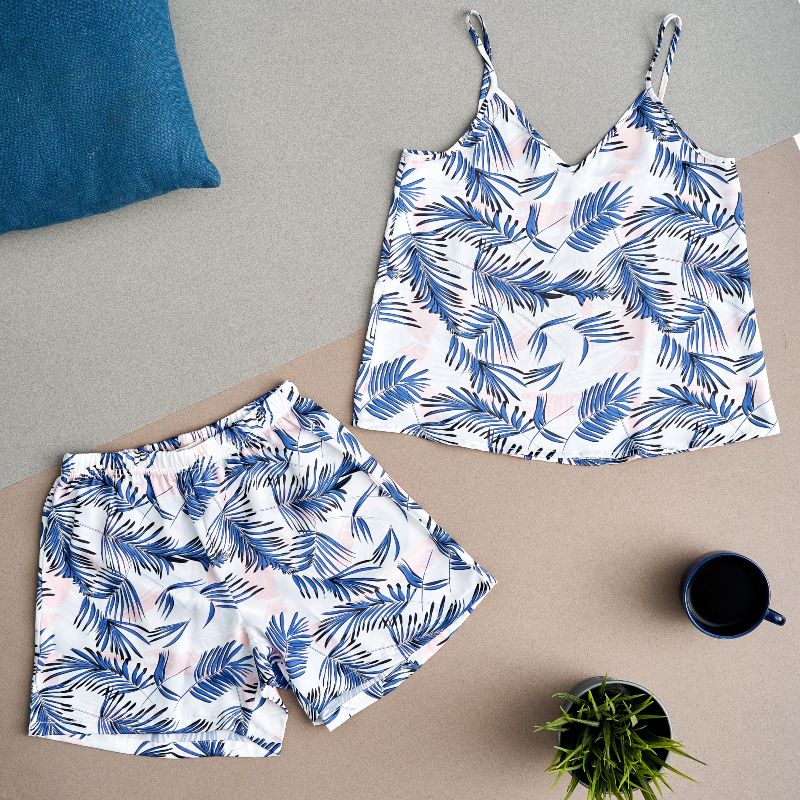Women summer satin pajama set White x Blue leaves top + shorts - Image 2
