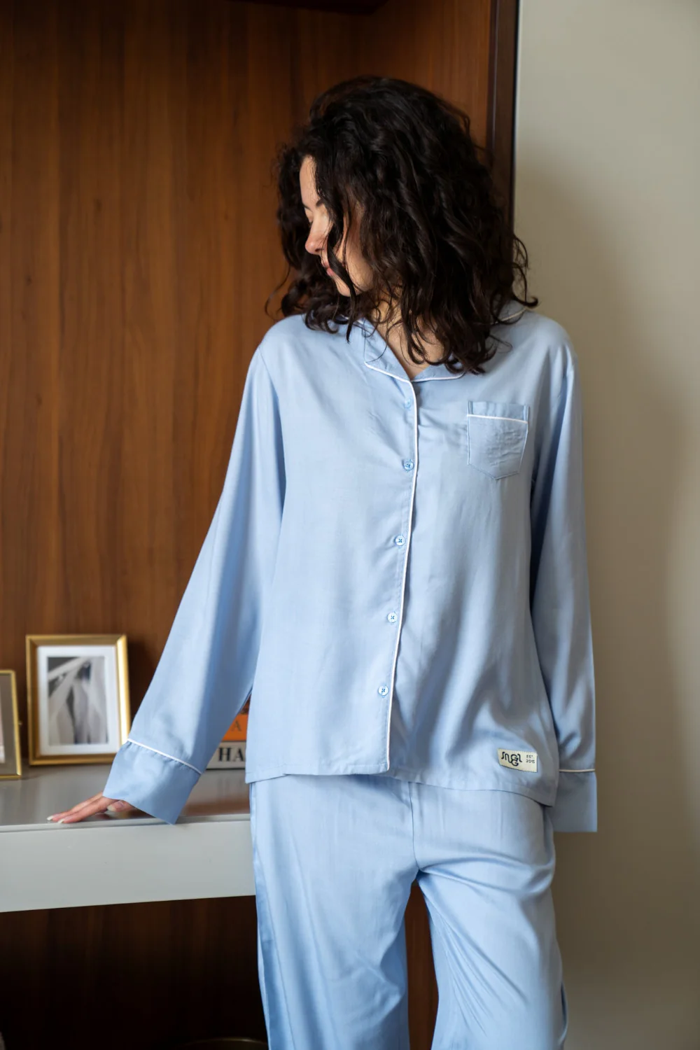 Women summer pajama set Light Blue buttoned shirt + Pants - Image 2