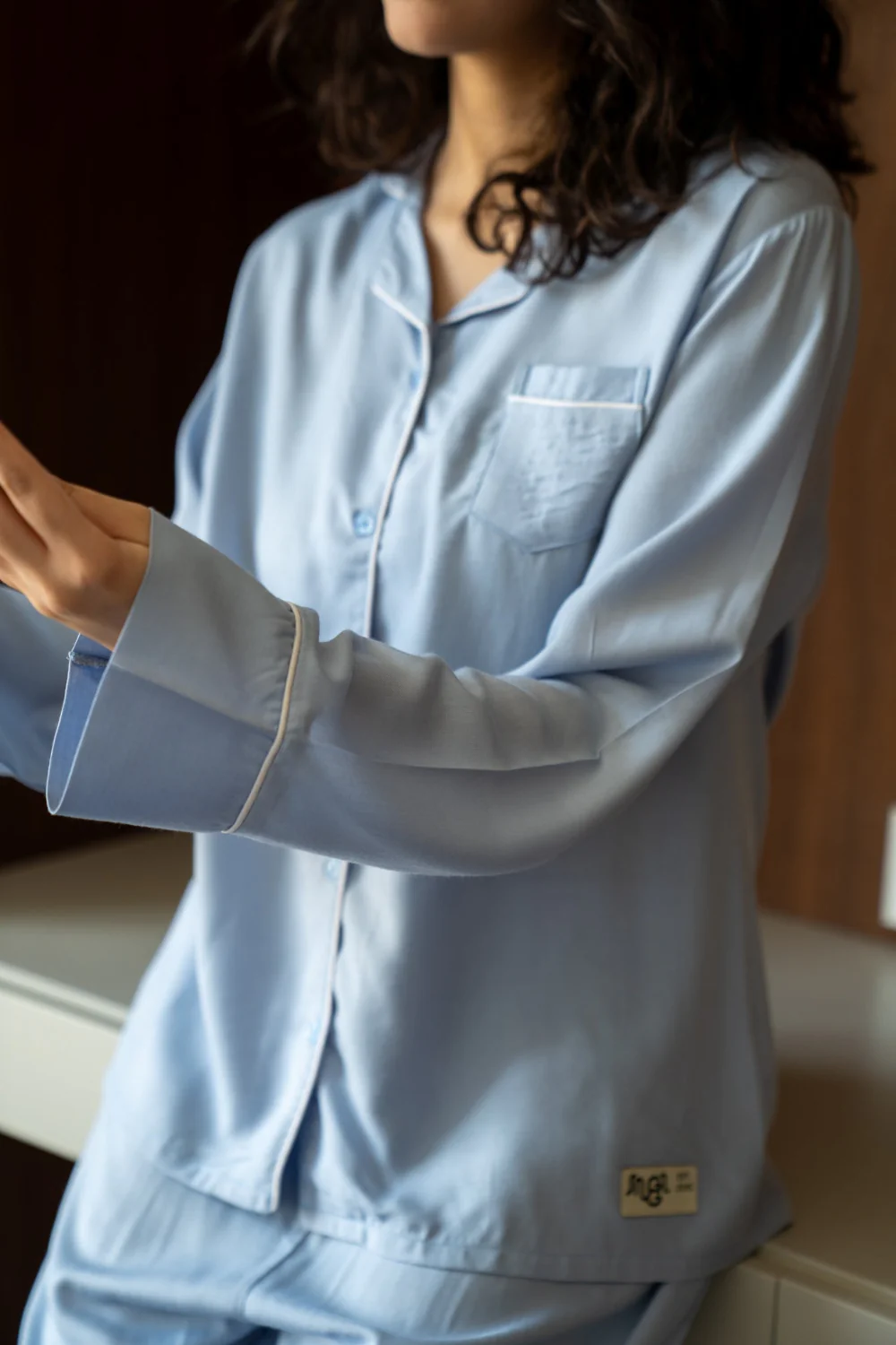 Women summer pajama set Light Blue buttoned shirt + Pants - Image 3
