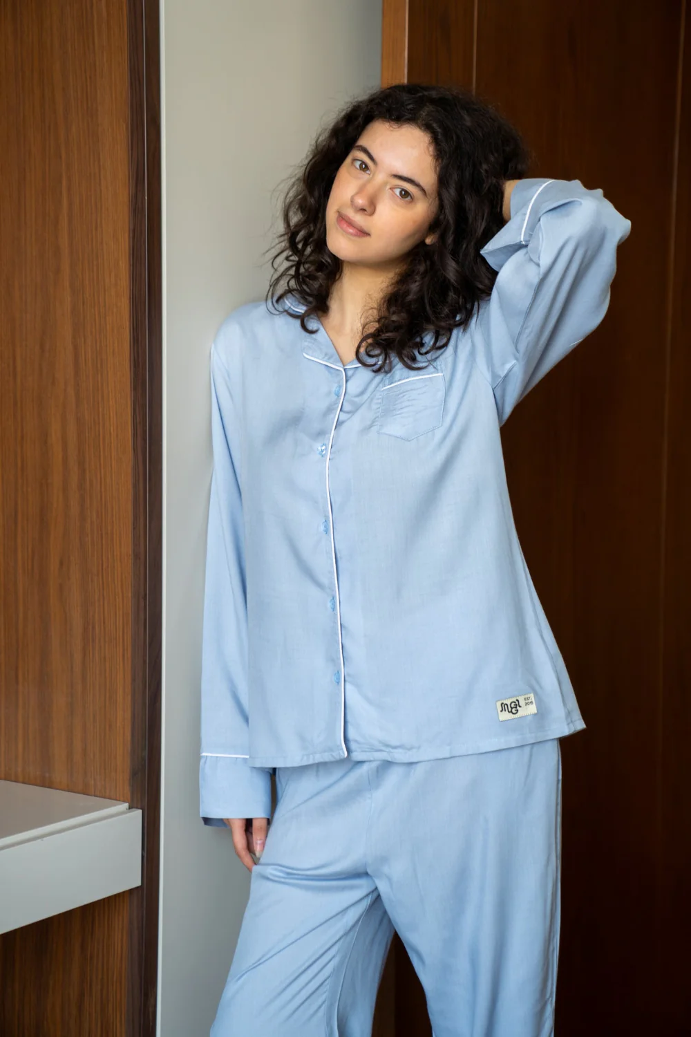 Women summer pajama set Light Blue buttoned shirt + Pants - Image 4