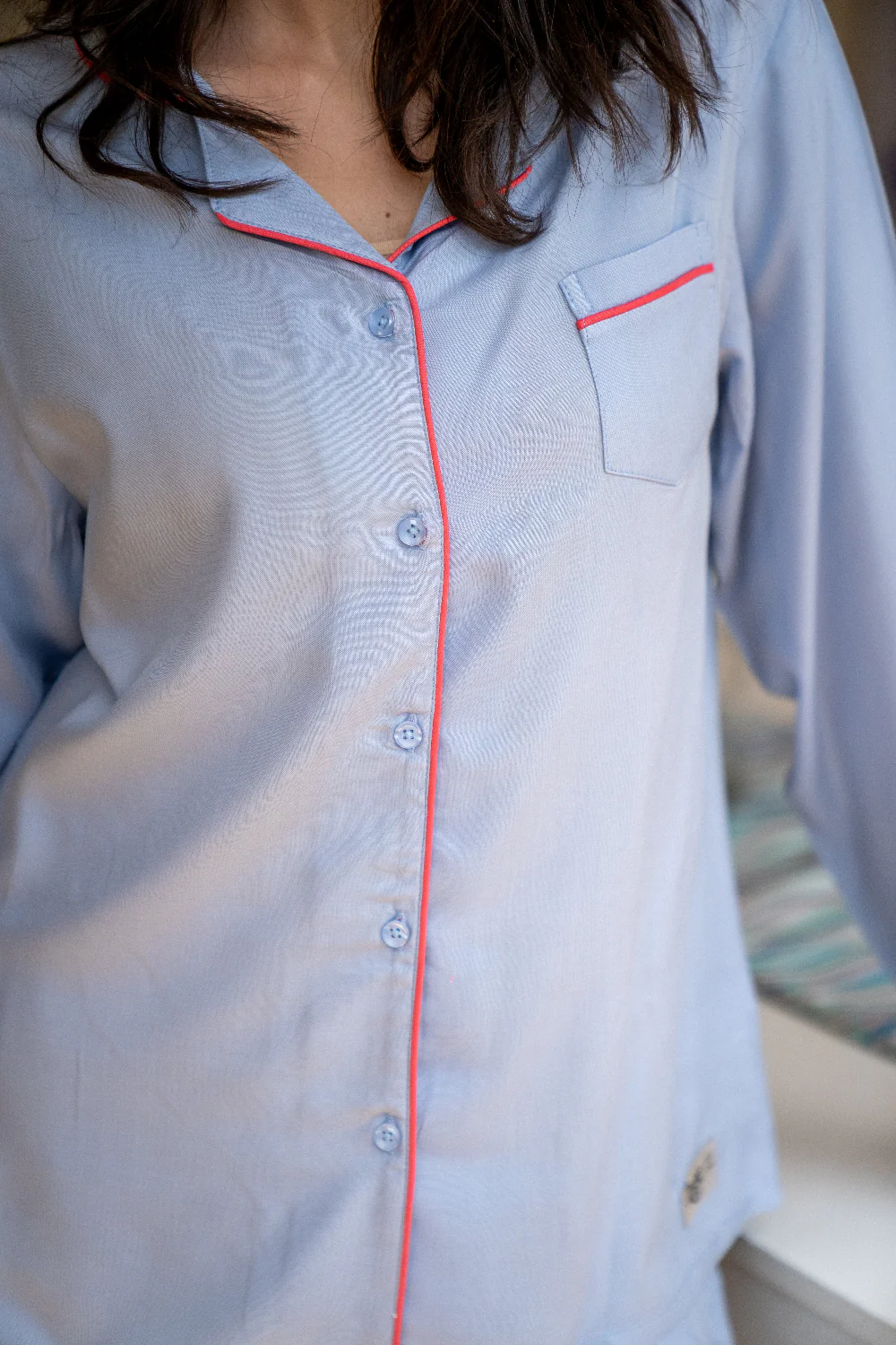 Women Summer Pajama Set Light Blue buttoned shirt + Pants - Image 2