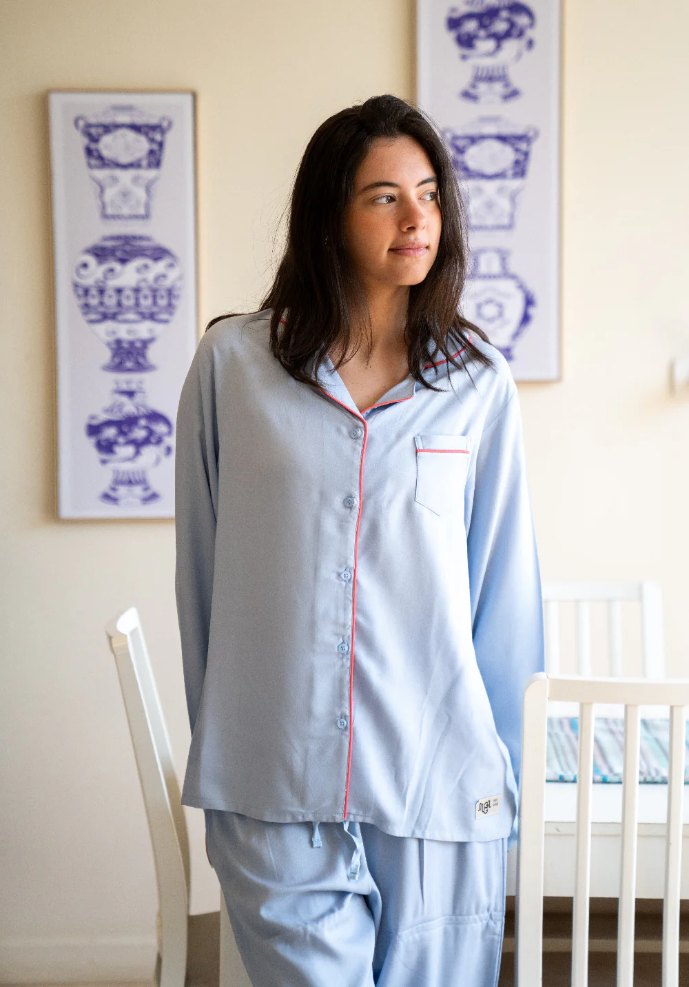 Women Summer Pajama Set Light Blue buttoned shirt + Pants - Image 3