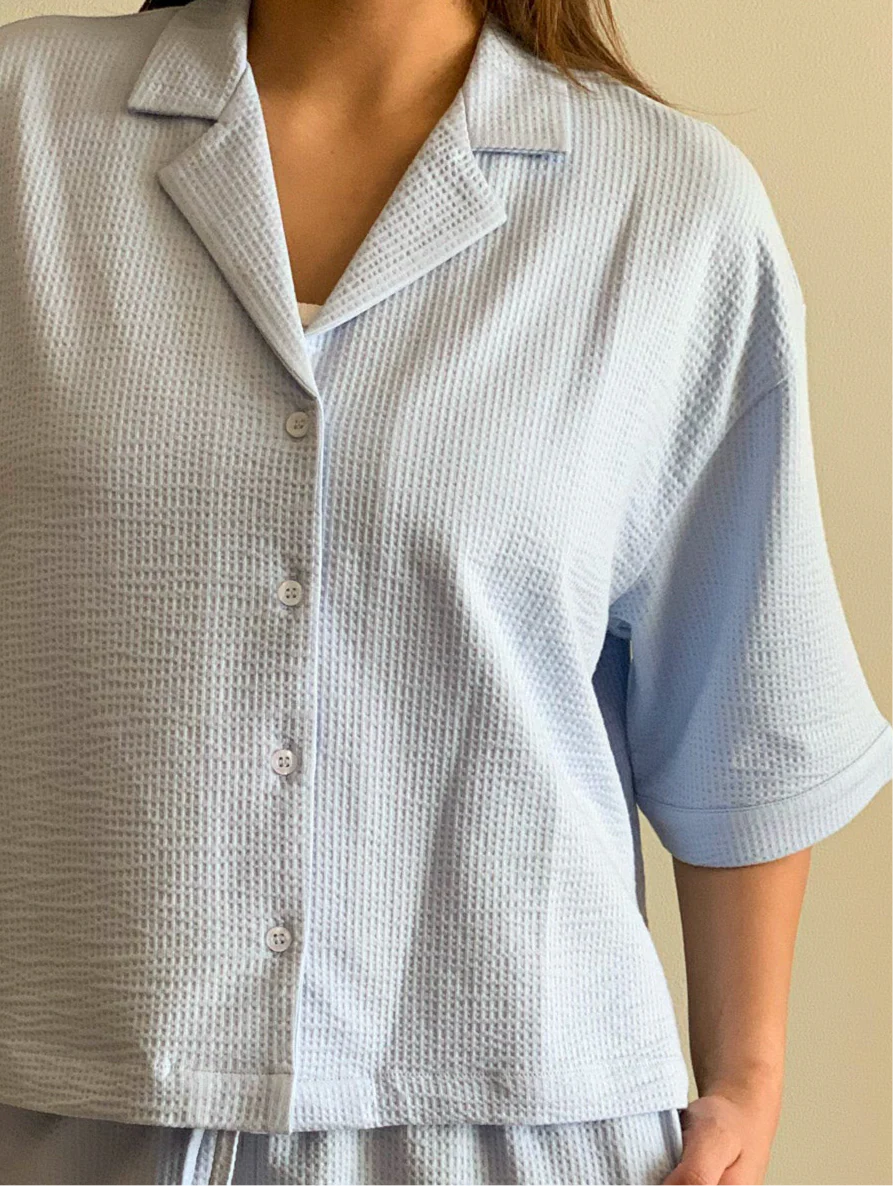 Women summer pajama set Light Blue buttoned Shirt+ Pants - Image 3