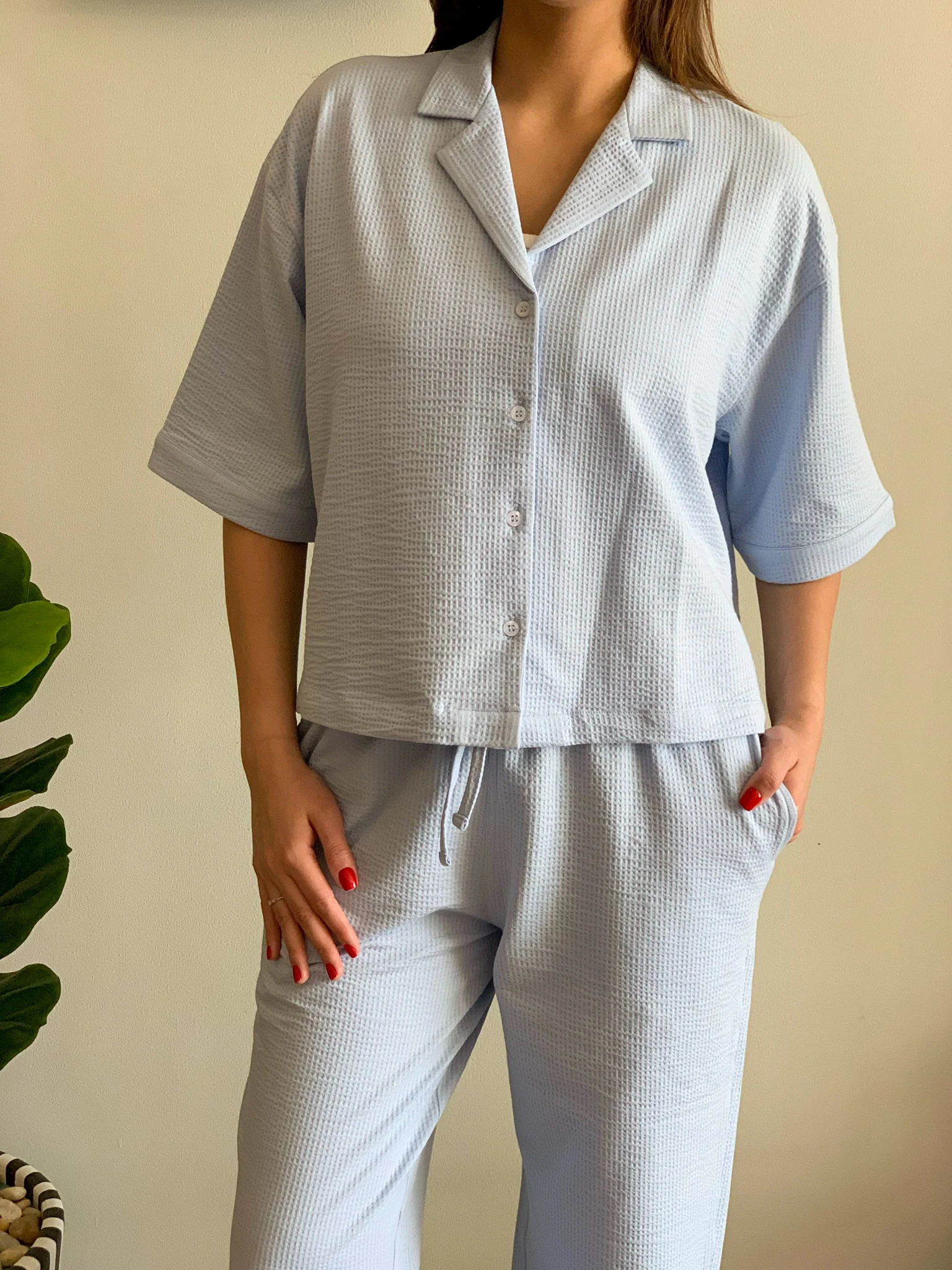 Women summer pajama set Light Blue buttoned Shirt+ Pants - Image 4