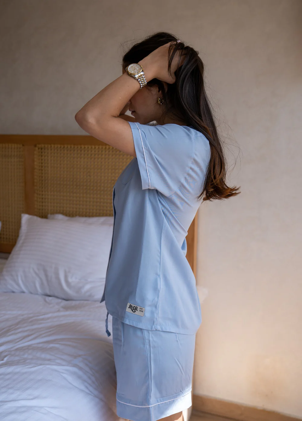 Women Summer Pajama Set Light Blue Buttoned Shirt + Shorts - Image 3