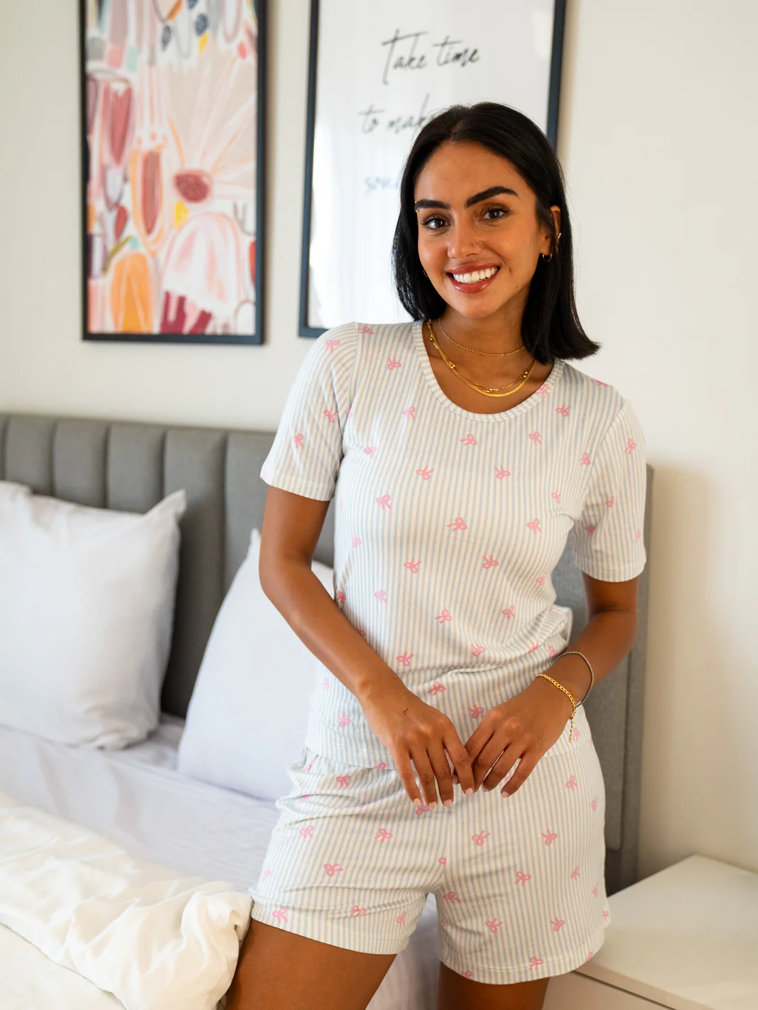 Women Summer Pajama set Light Blue Ribbons T-shirt + Shorts - Image 2
