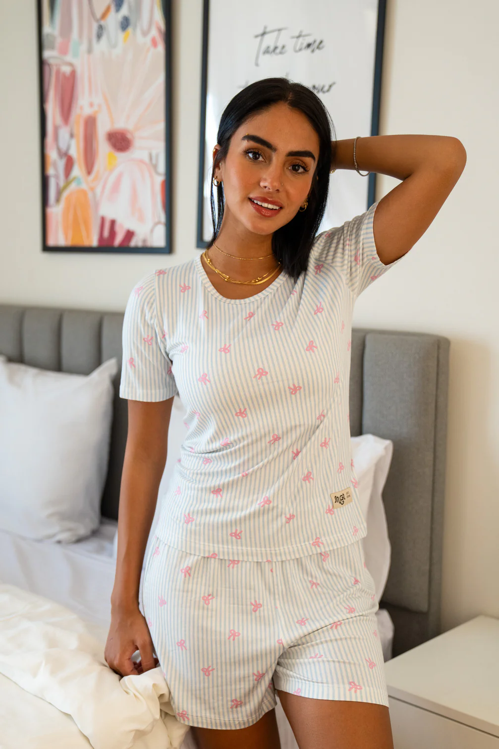 Women Summer Pajama set Light Blue Ribbons T-shirt + Shorts - Image 3