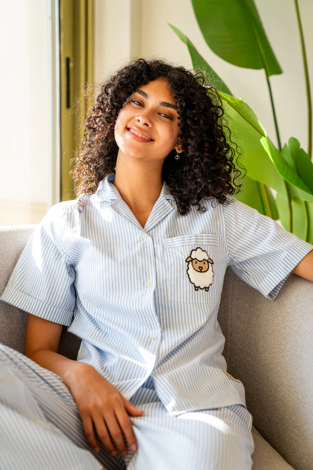 Women Summer Sheep PJ Set Light Blue Striped Buttoned Shirt + Pants - Image 3