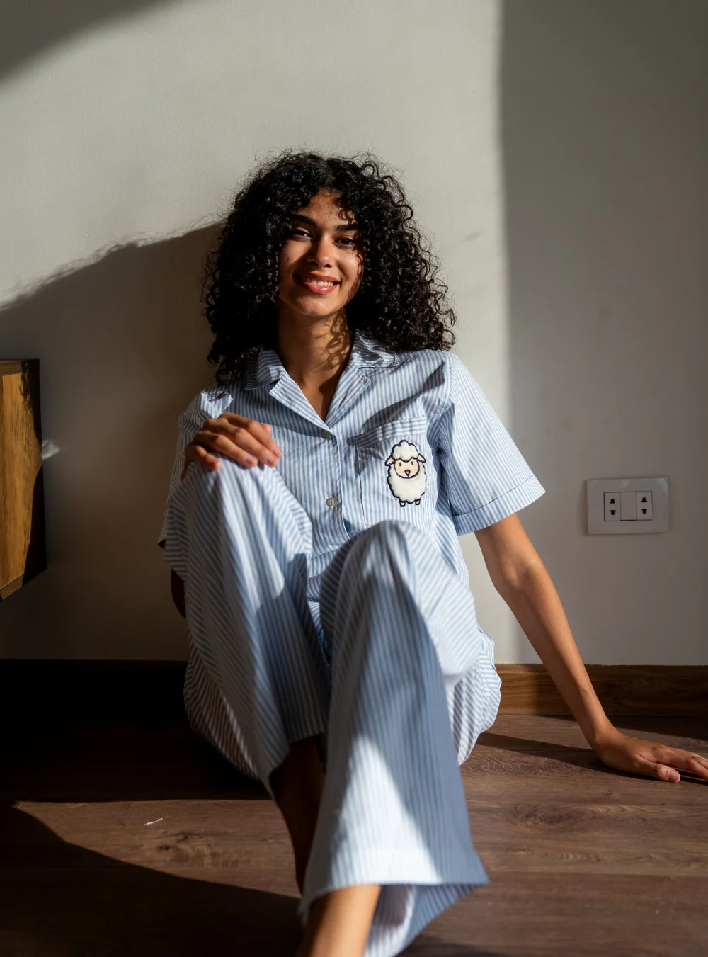 Women Summer Sheep PJ Set Light Blue Striped Buttoned Shirt + Pants - Image 4