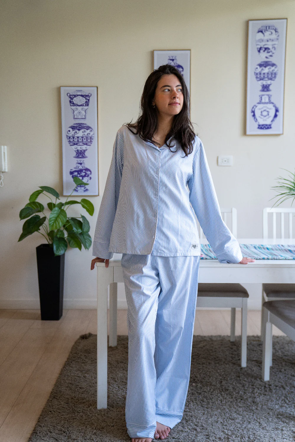 Women summer pajama set Light Blue Stripes Buttoned shirt + Pants - Image 2