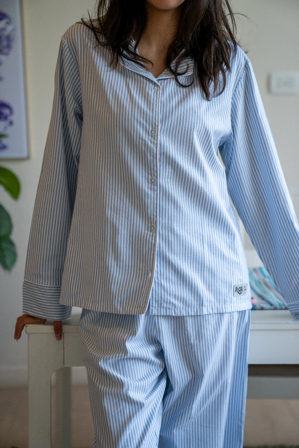 Women summer pajama set Light Blue Stripes Buttoned shirt + Pants - Image 3