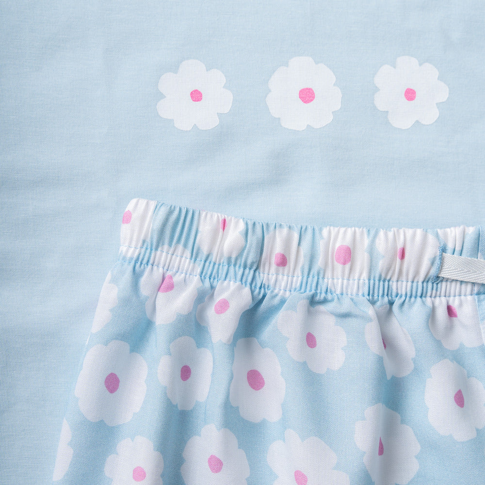 Women summer pajama set Light blue Tee + Baby blue Floral shorts - Image 2