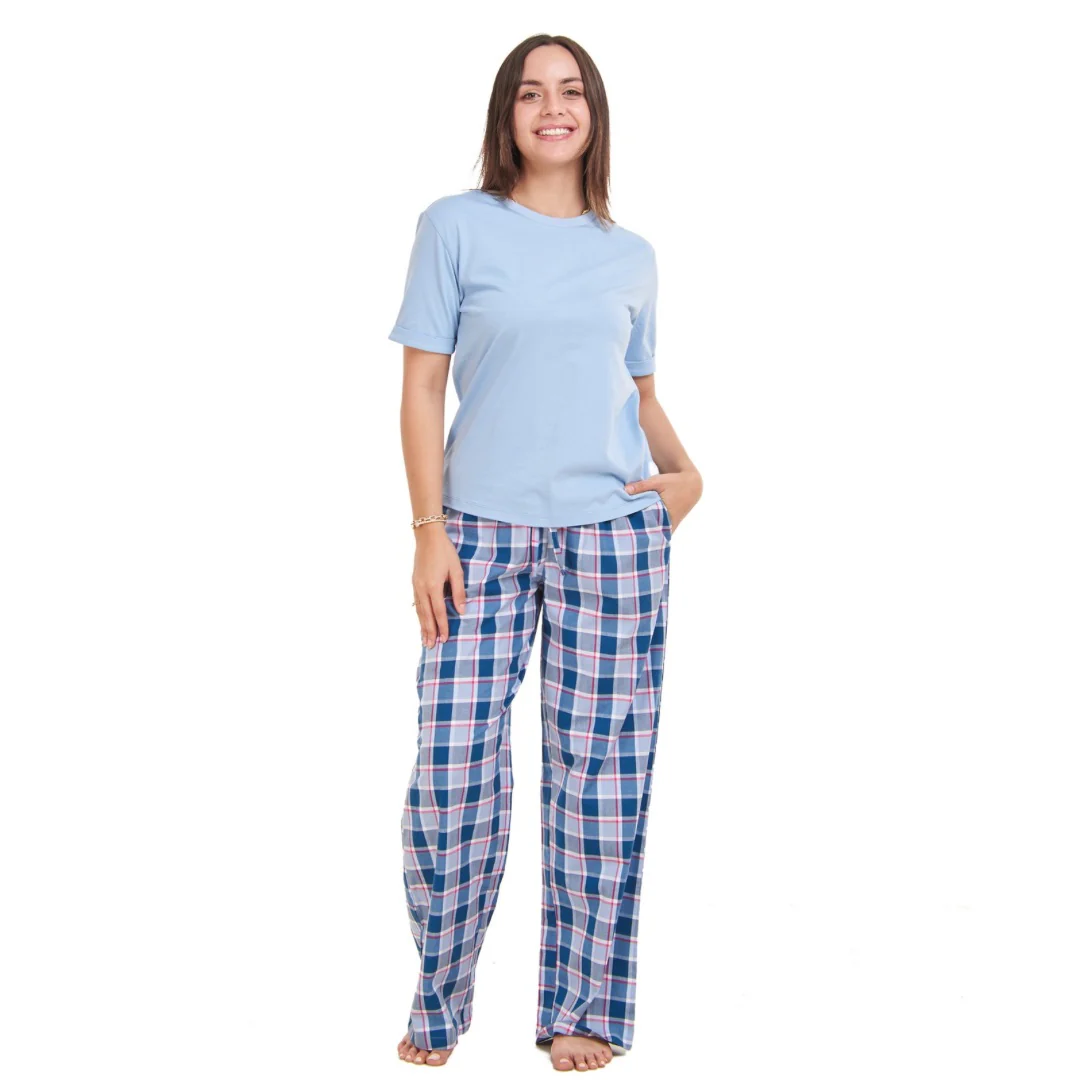 Women summer pajama set Light blue top + Light blue x Petroleum Checkered Pants - Image 2