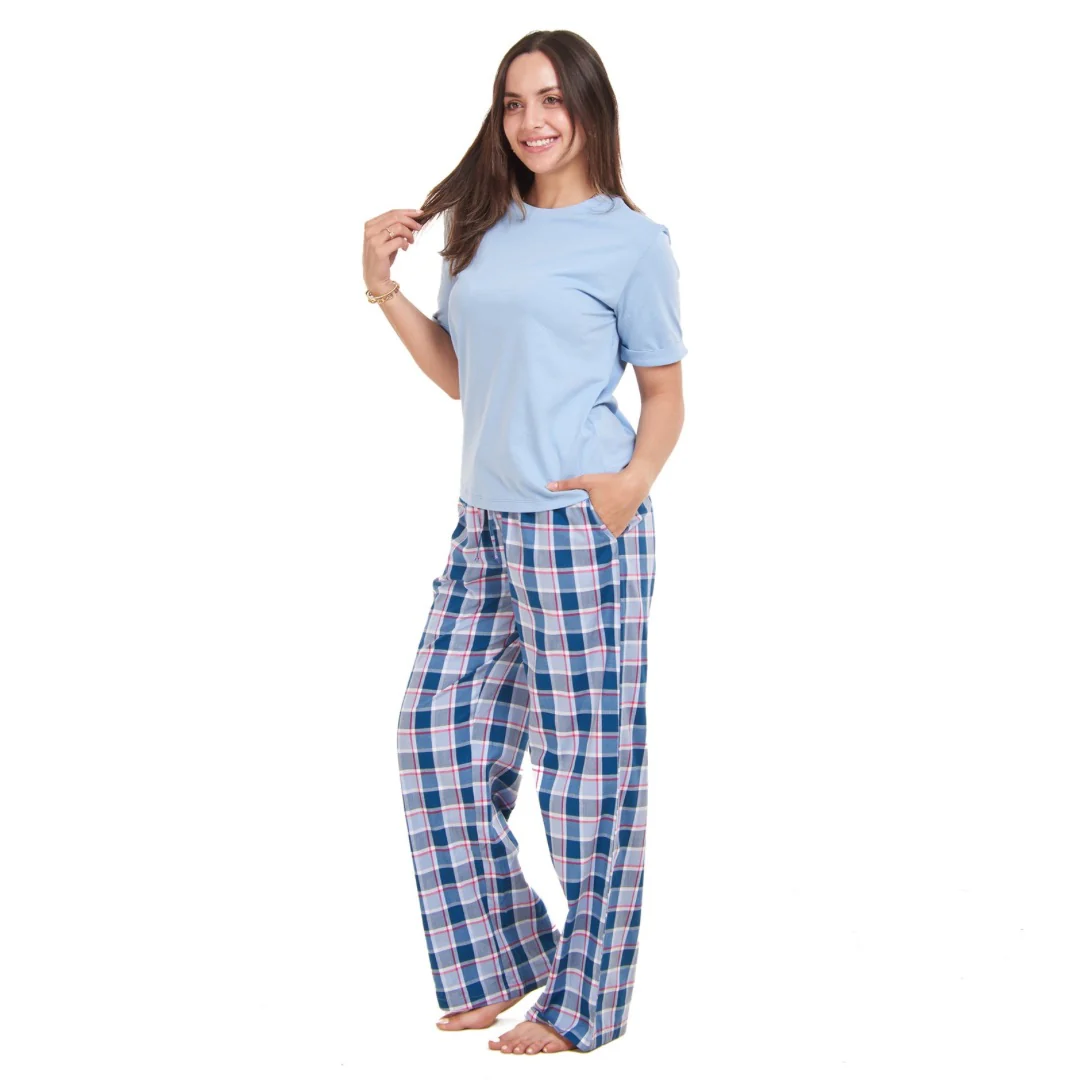 Women summer pajama set Light blue top + Light blue x Petroleum Checkered Pants - Image 3