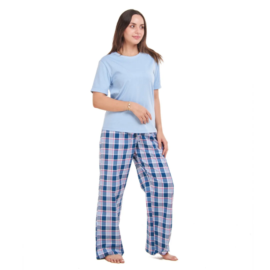 Women summer pajama set Light blue top + Light blue x Petroleum Checkered Pants - Image 4