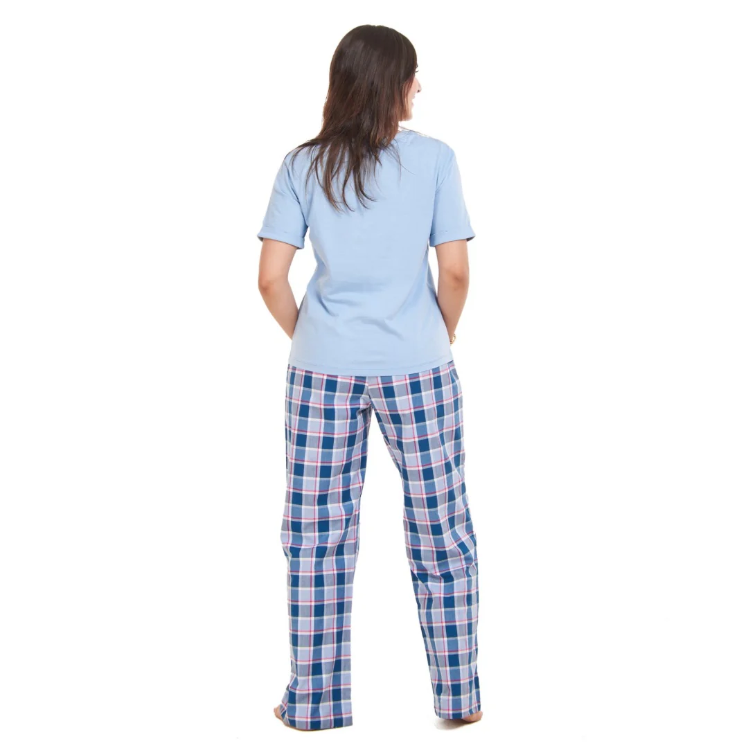 Women summer pajama set Light blue top + Light blue x Petroleum Checkered Pants - Image 5