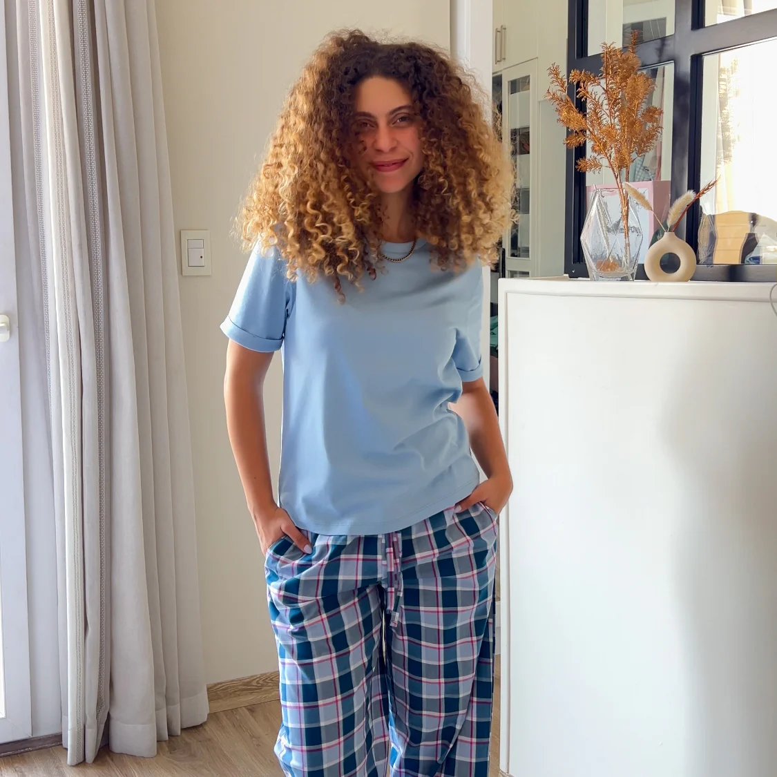 Women summer pajama set Light blue top + Light blue x Petroleum Checkered Pants - Image 6