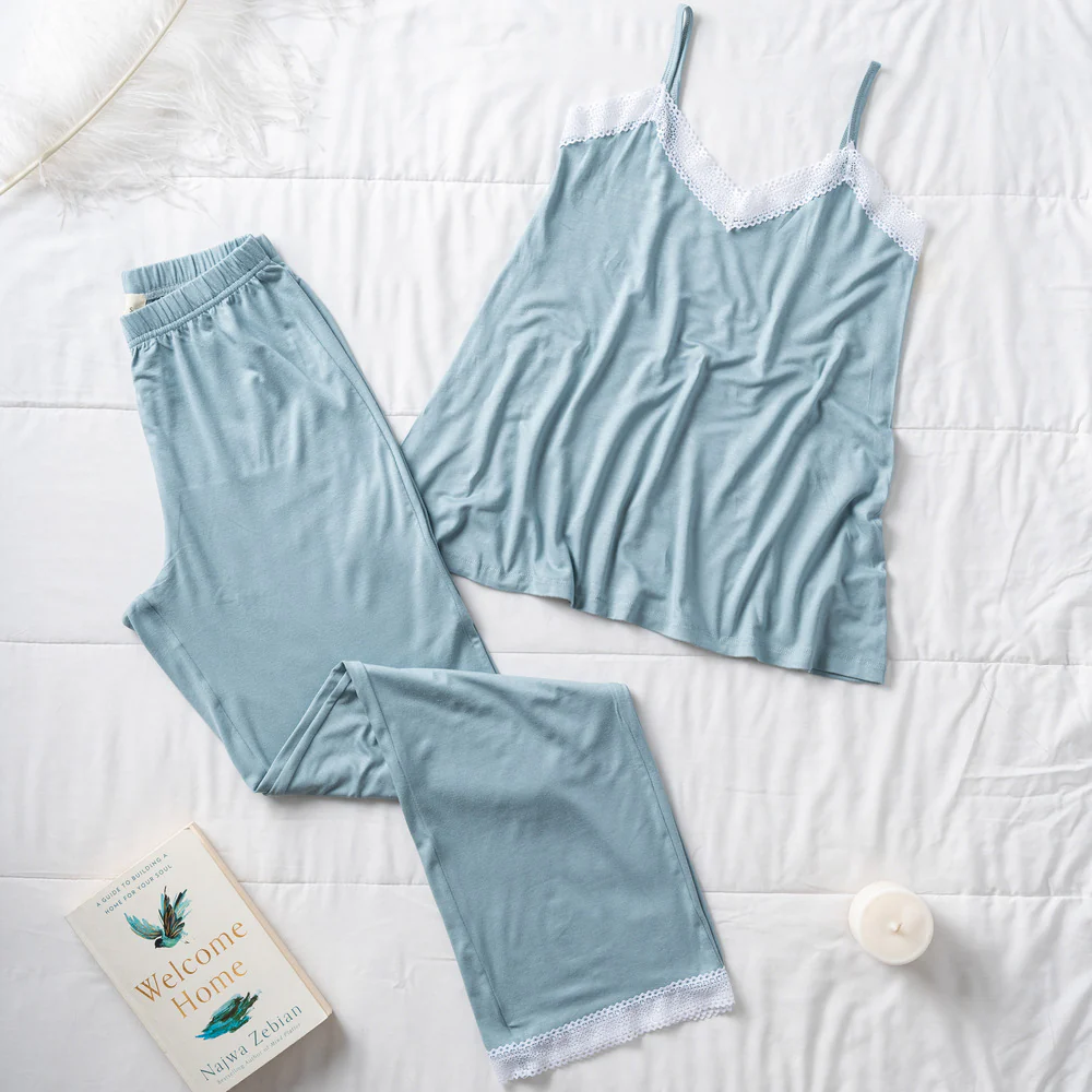 Women summer pajama set lace light blue top + Pants - Image 4