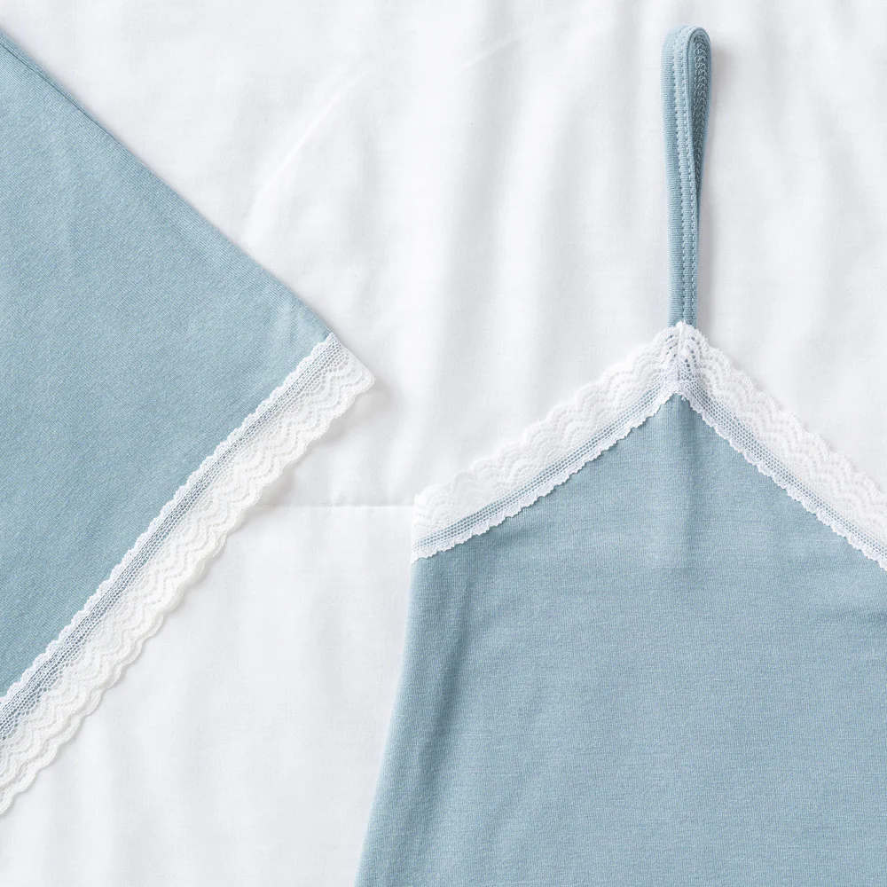 Women summer pajama set lace Light blue top + shorts - Image 2