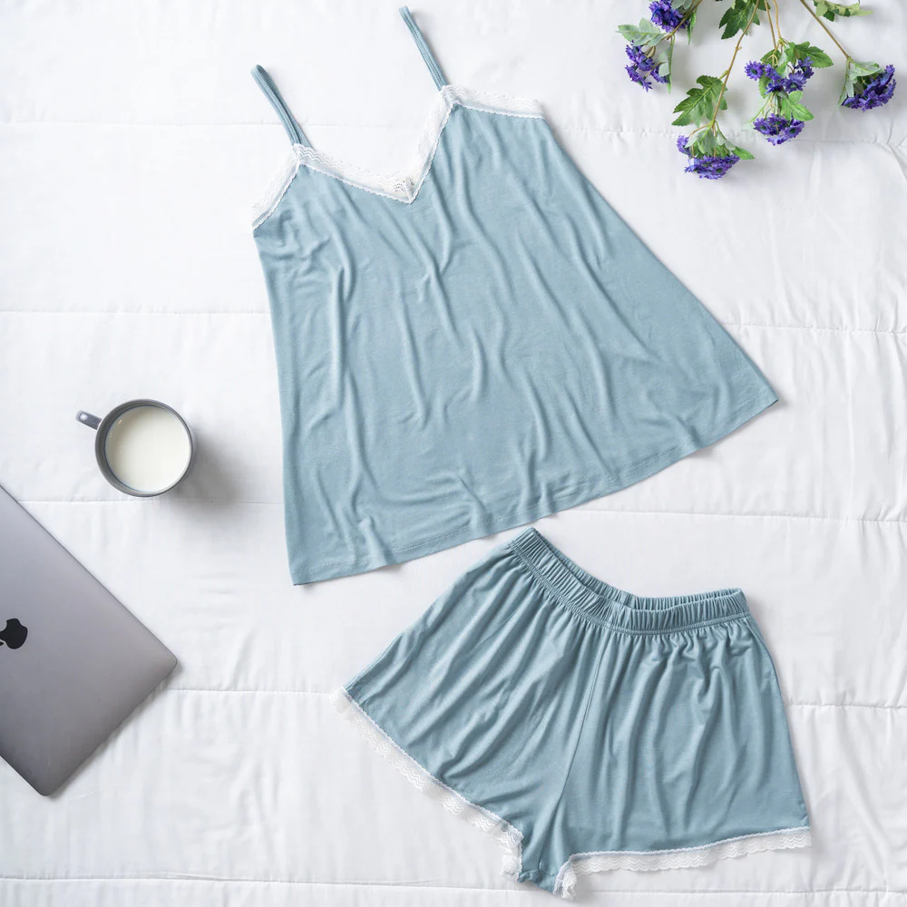 Women summer pajama set lace Light blue top + shorts - Image 3