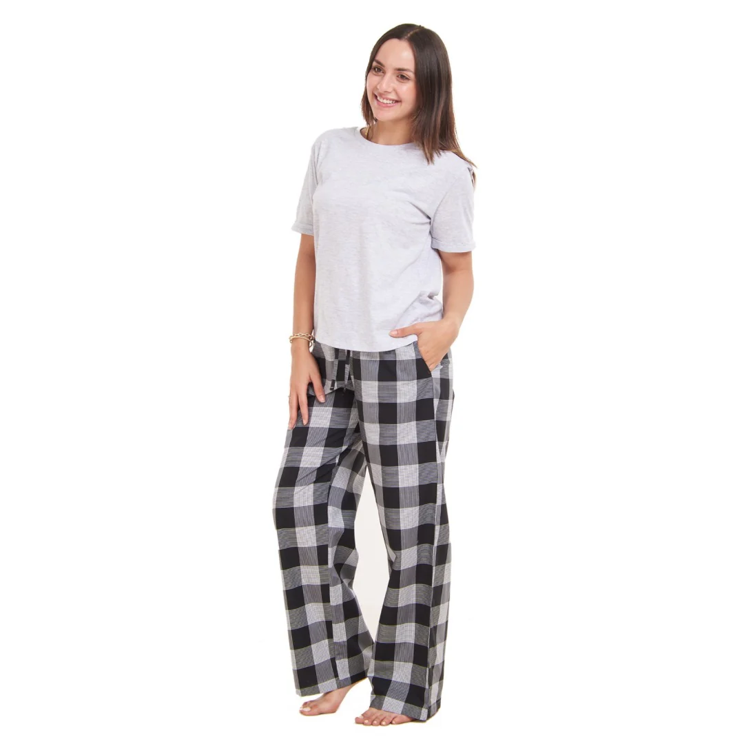 Women summer pajama set Light grey top + Black x White Checkered Pants - Image 2