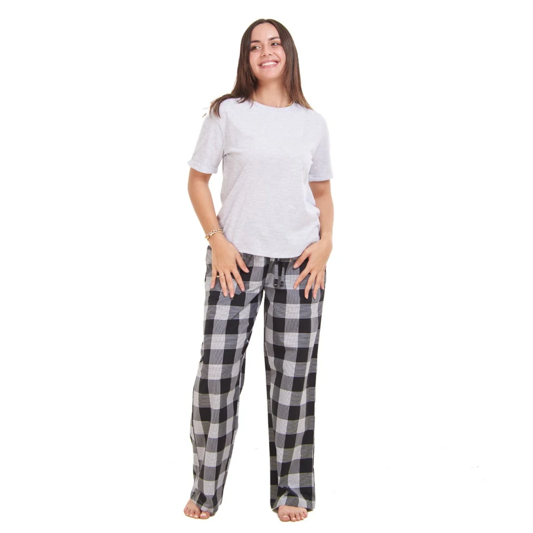 Women summer pajama set Light grey top + Black x White Checkered Pants - Image 3