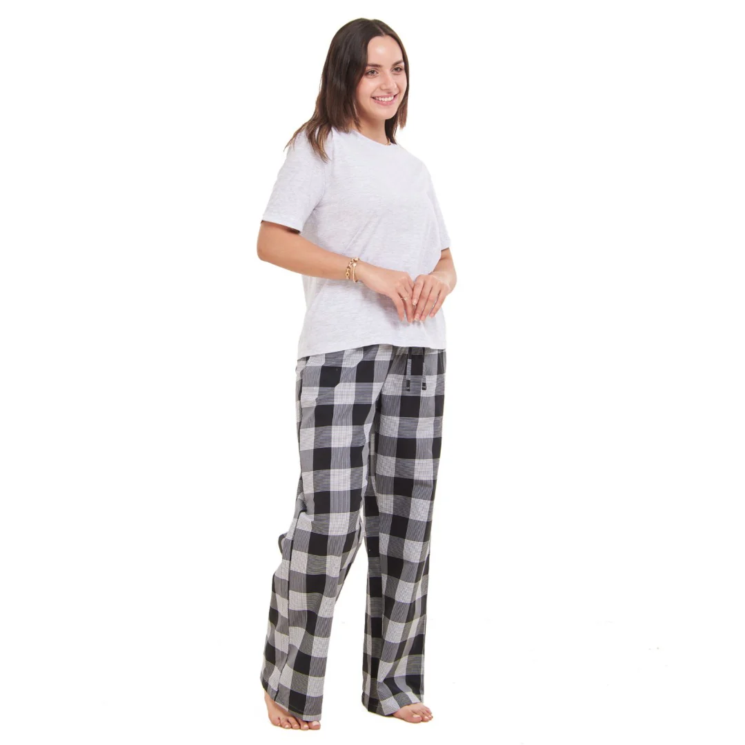Women summer pajama set Light grey top + Black x White Checkered Pants - Image 4