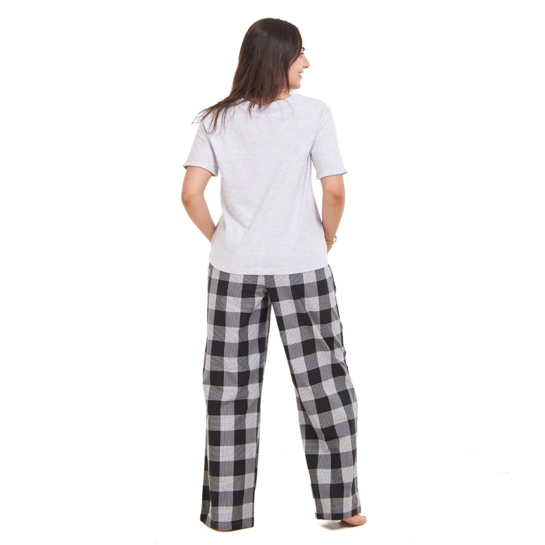 Women summer pajama set Light grey top + Black x White Checkered Pants - Image 5