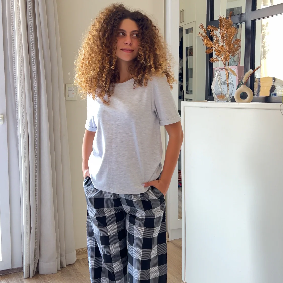 Women summer pajama set Light grey top + Black x White Checkered Pants - Image 6