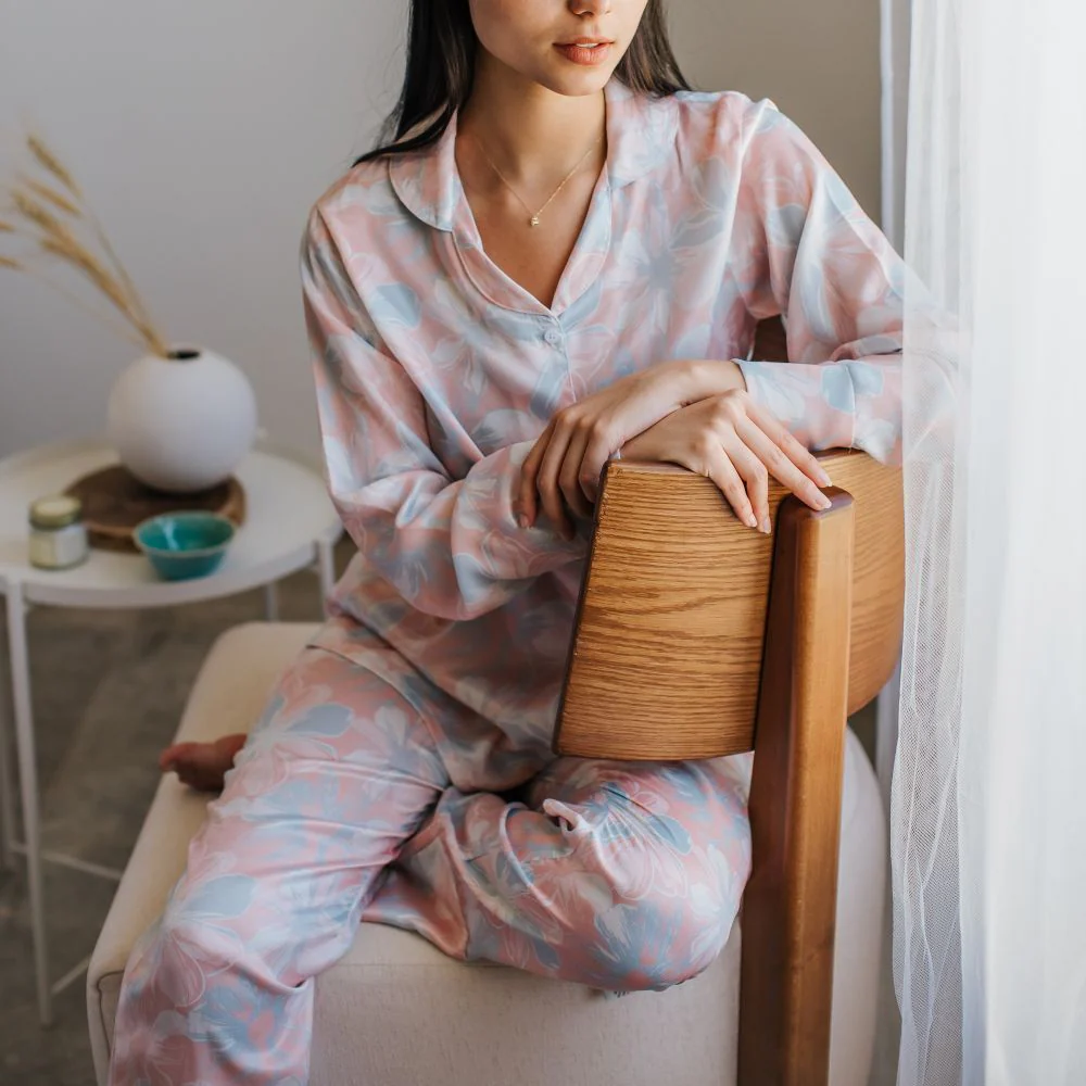 Women Satin summer pajama set Rose flowered buttoned shirt + Pants - Image 2