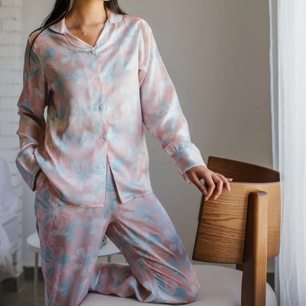 Women Satin summer pajama set Rose flowered buttoned shirt + Pants - Image 3