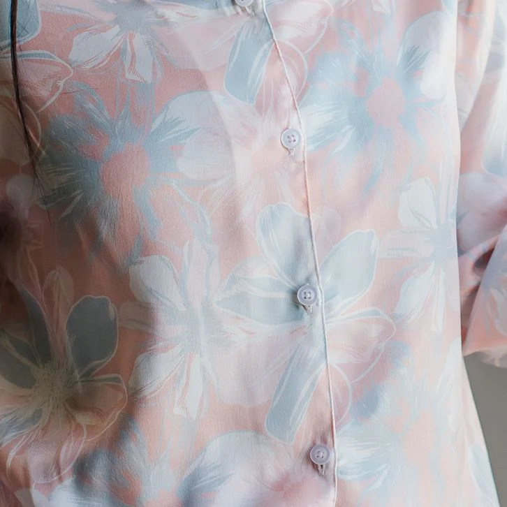 Women Satin summer pajama set Rose flowered buttoned shirt + Pants - Image 4