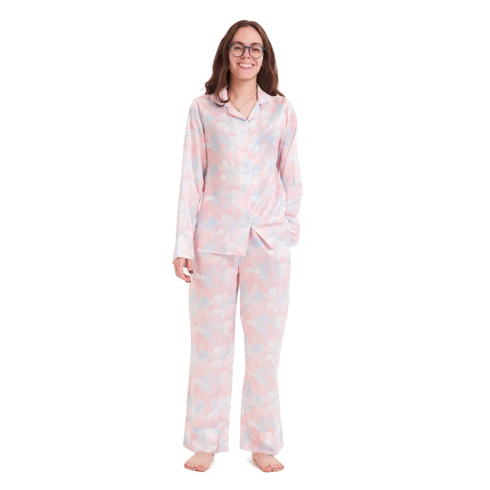 Women Satin summer pajama set Rose flowered buttoned shirt + Pants - Image 5