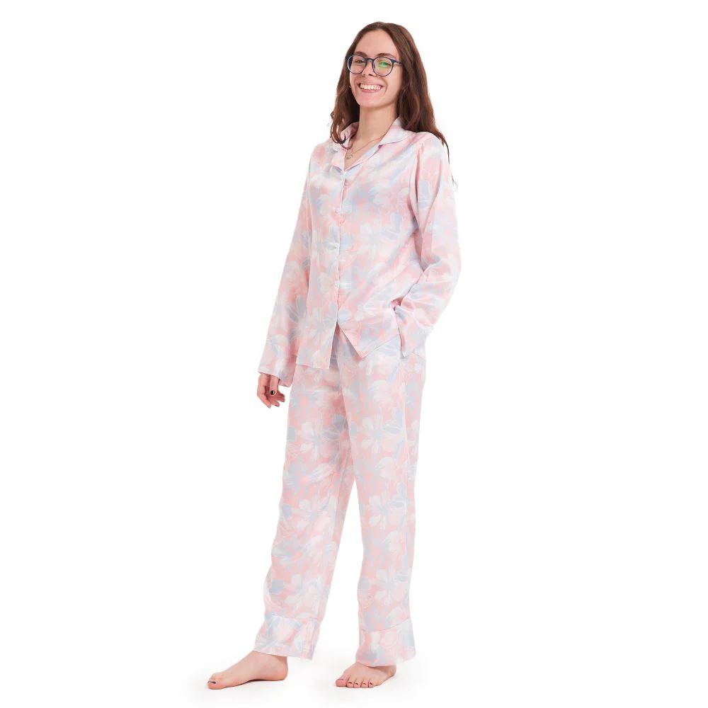 Women Satin summer pajama set Rose flowered buttoned shirt + Pants - Image 6