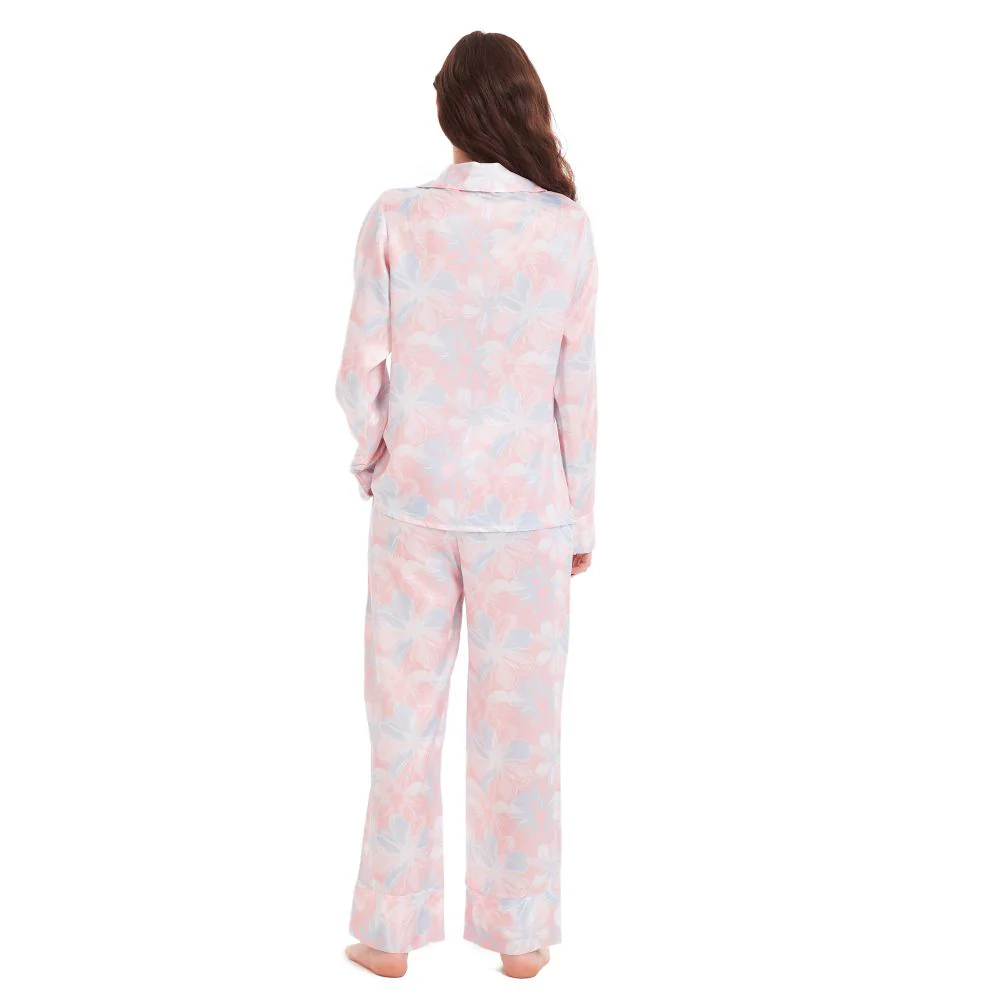 Women Satin summer pajama set Rose flowered buttoned shirt + Pants - Image 7