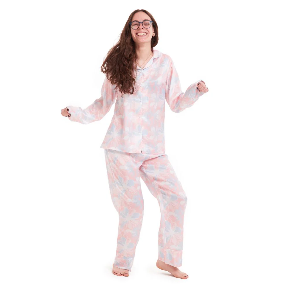Women Satin summer pajama set Rose flowered buttoned shirt + Pants - Image 9
