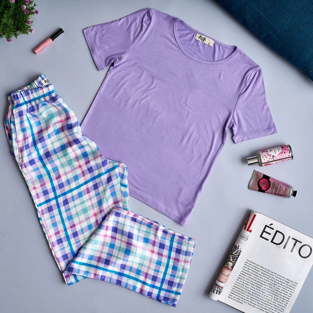Women summer pajama set Light purple top +Checkered Pants - Image 2