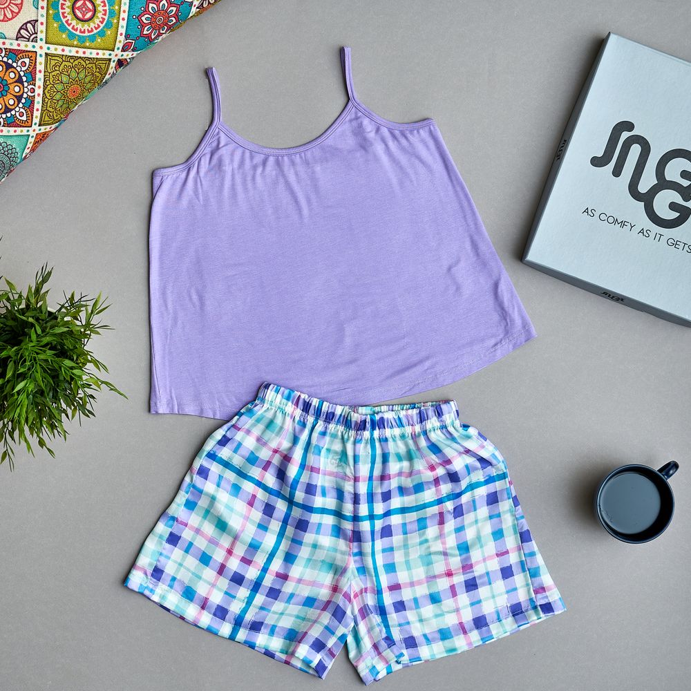 Women summer pajama set Light purple top +Checkered shorts - Image 2