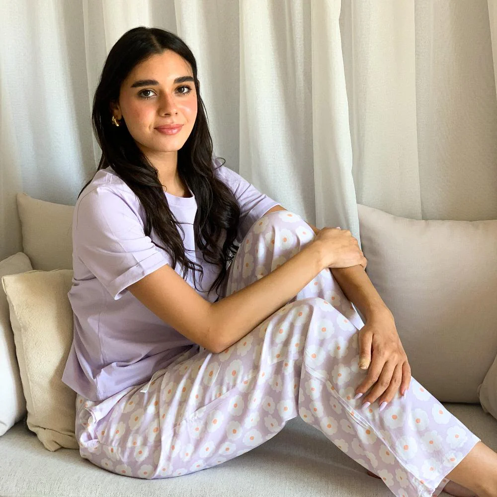 Women summer pajama set Lilac Tee + Lilac Floral Pants - Image 2