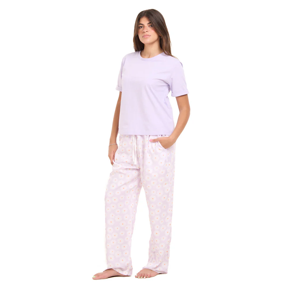 Women summer pajama set Lilac Tee + Lilac Floral Pants - Image 4