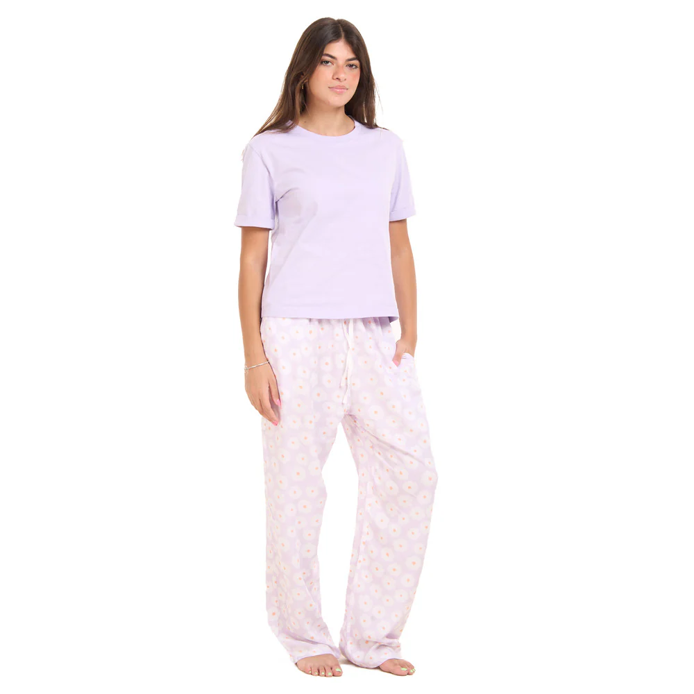 Women summer pajama set Lilac Tee + Lilac Floral Pants - Image 5