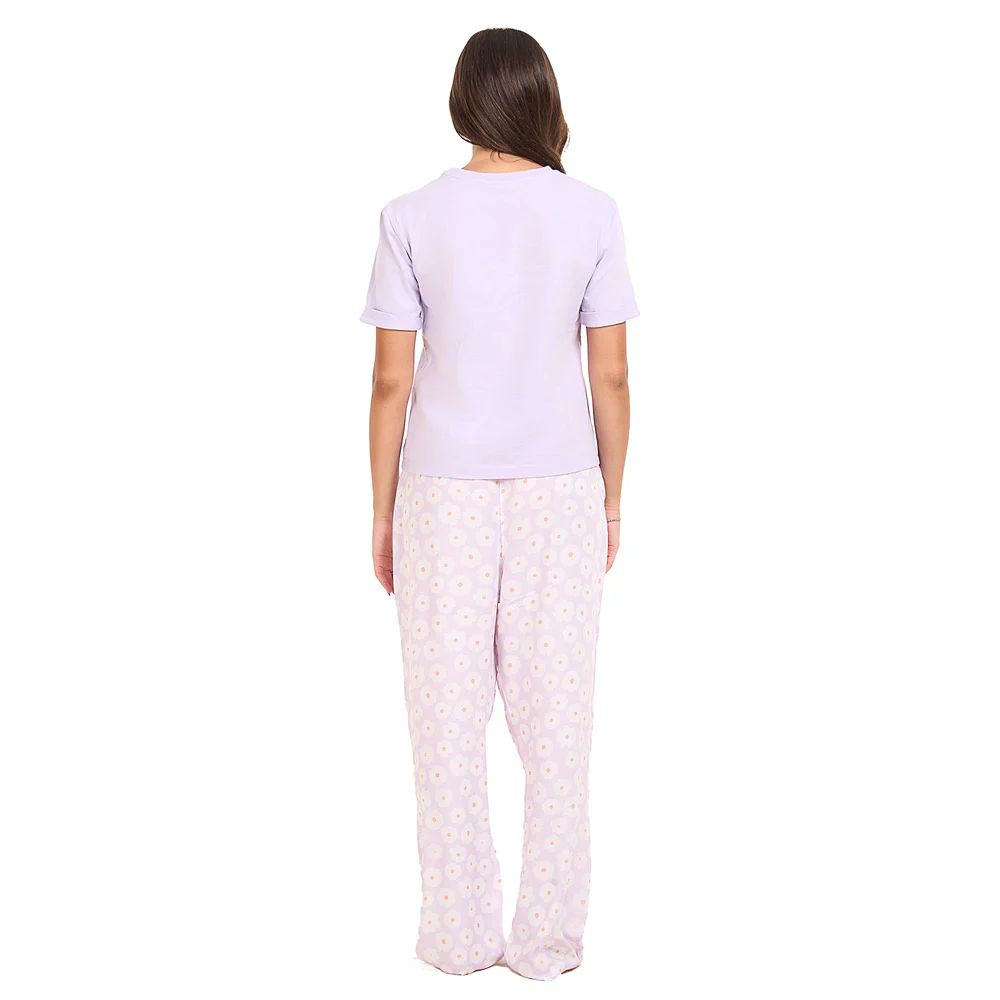 Women summer pajama set Lilac Tee + Lilac Floral Pants - Image 6
