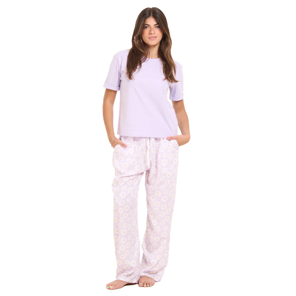 Women summer pajama set Lilac Tee + Lilac Floral Pants - Image 7